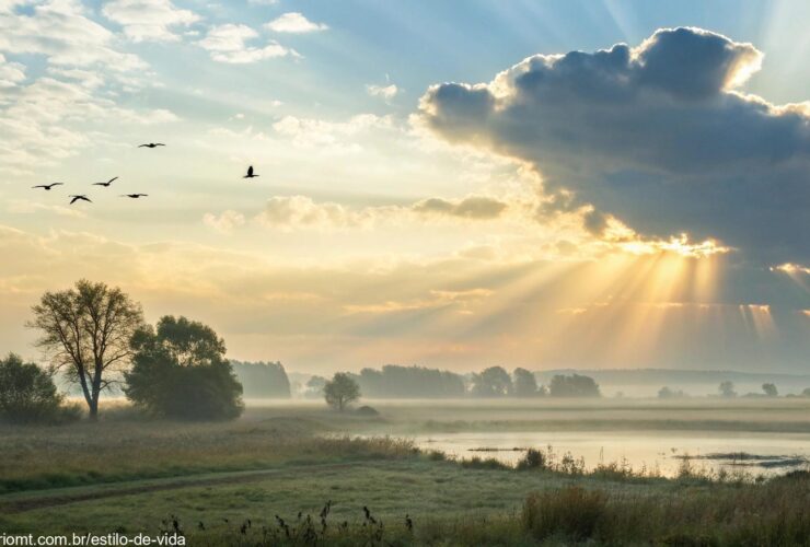 Cena tranquila de manhã com raios de sol passando pelas nuvens sobre uma paisagem calma