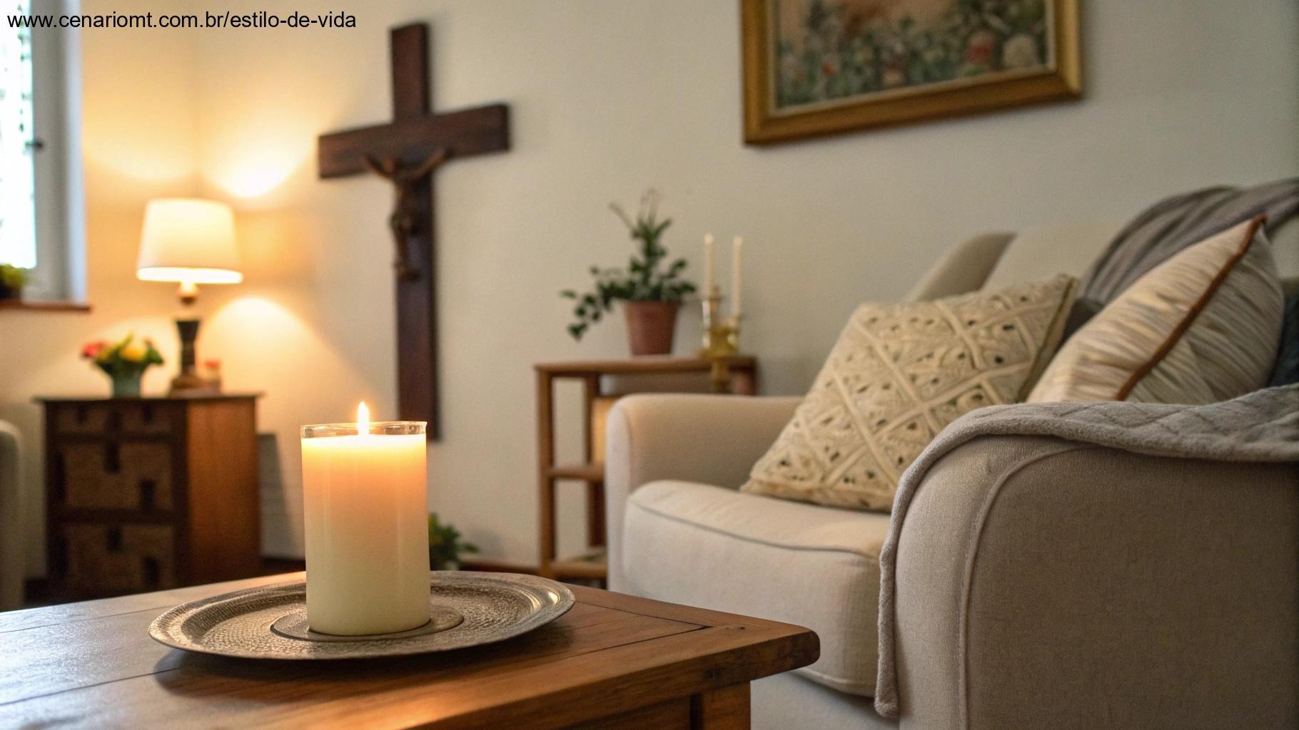 Ambiente acolhedor com uma cruz na parede e vela acesa sobre a mesa