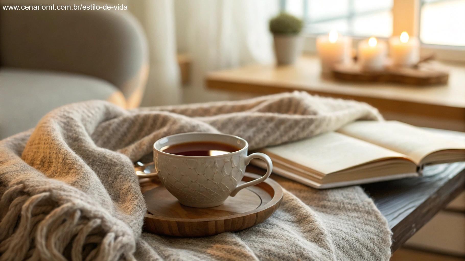 Uma imagem suave e acolhedora de uma xícara de chá ou café sobre uma mesa com um cobertor confortável, um ambiente tranquilo para a manhã de sábado, repleto de calor e carinho.
