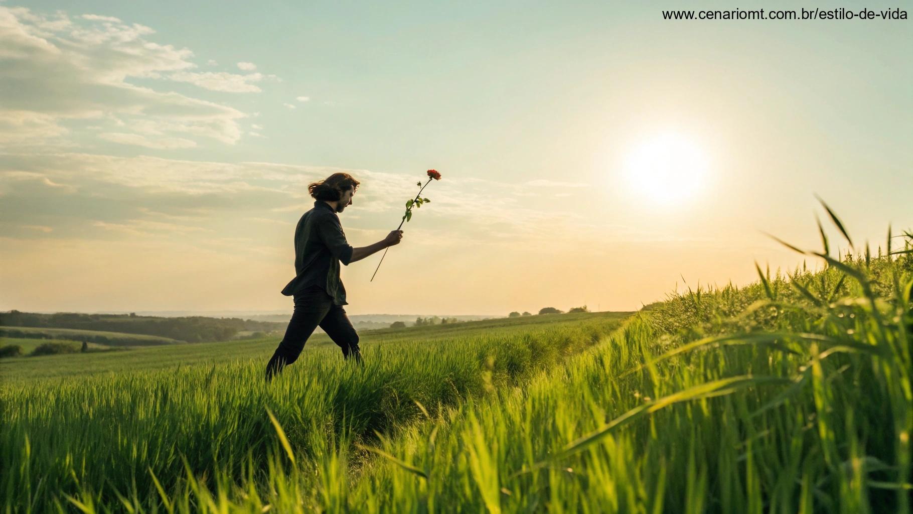 Pessoa caminhando por um campo verde vibrante, transmitindo esperança e fé.
