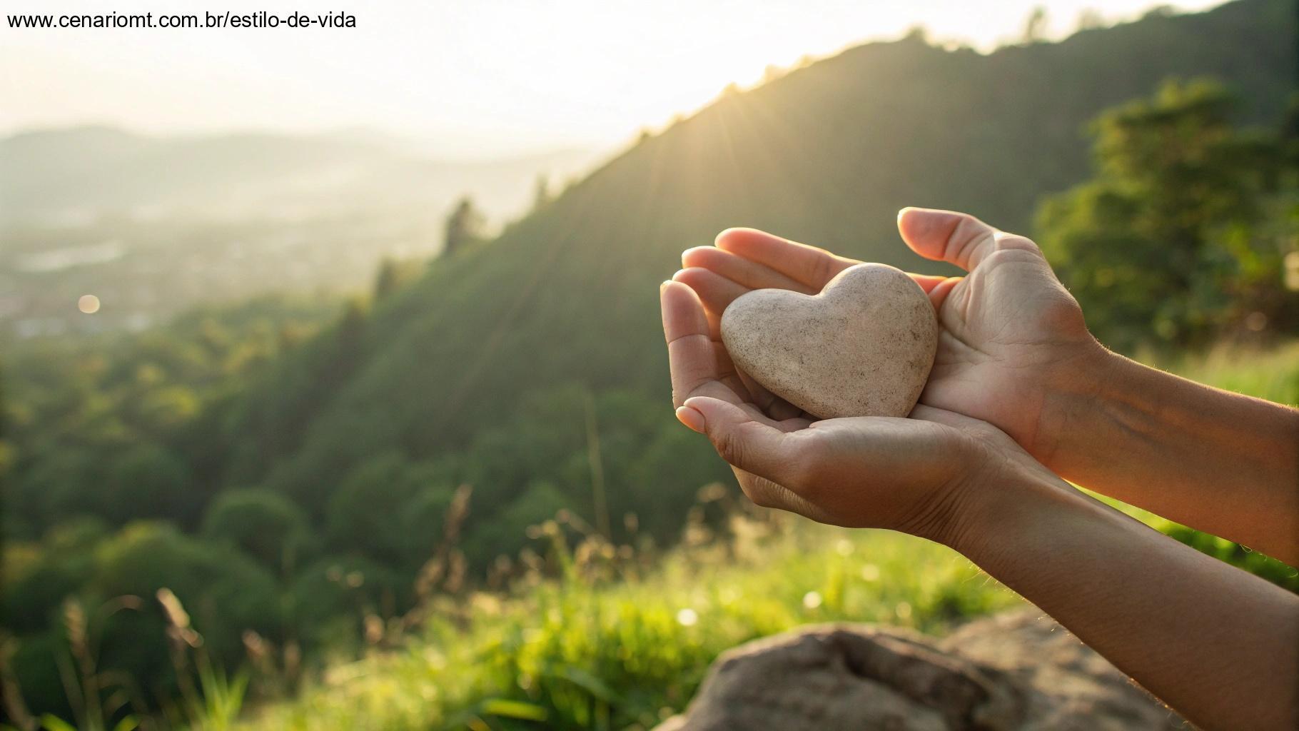 Mãos segurando uma pedra em formato de coração