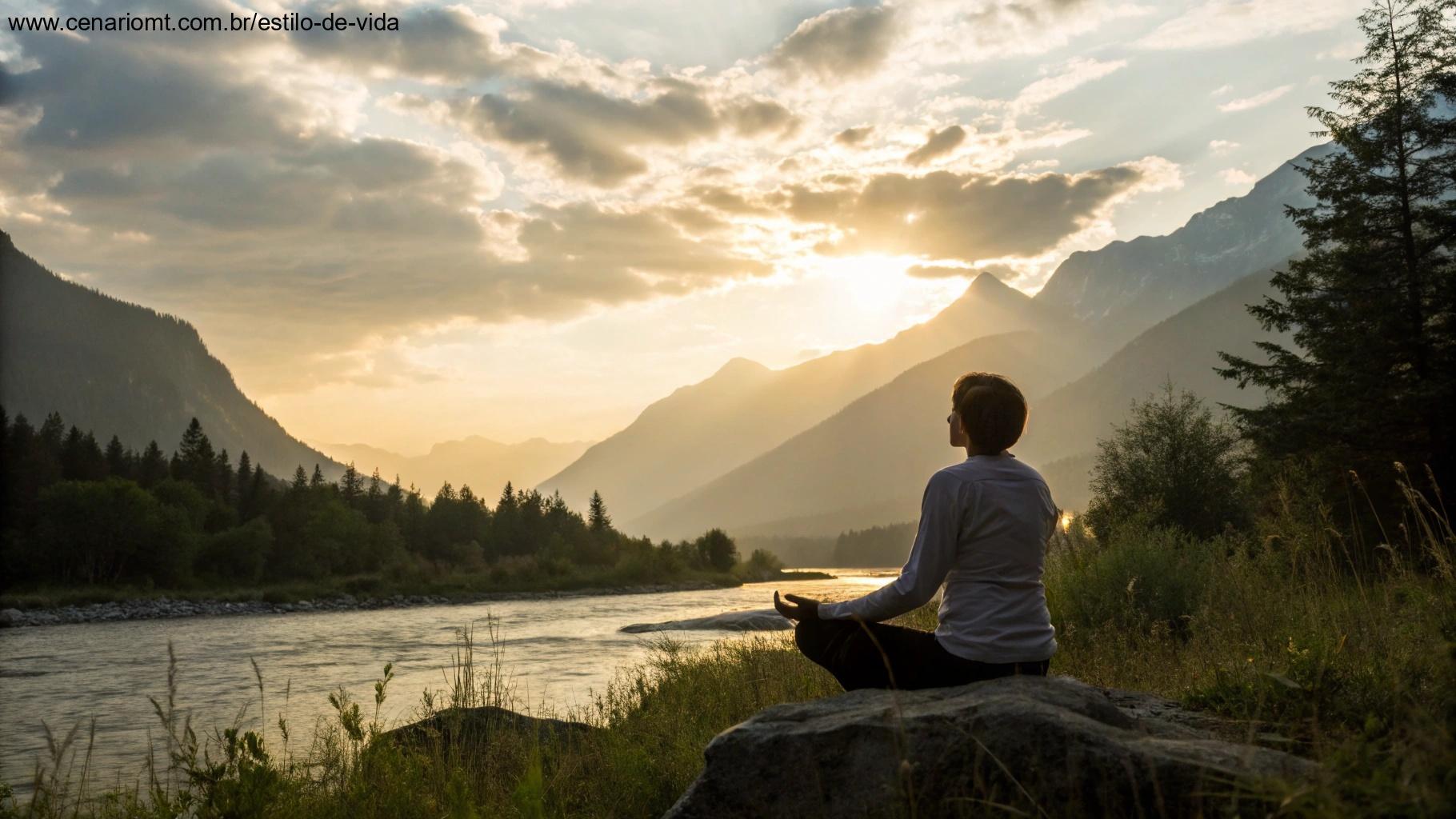 Montanhas ao amanhecer com uma pessoa meditando perto de um rio