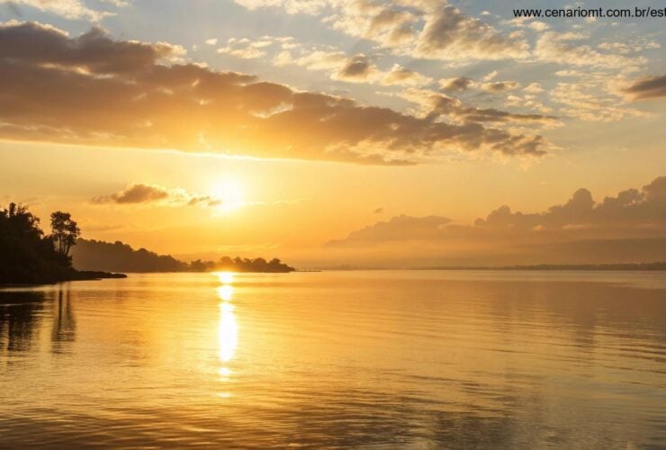 Nascer do sol sereno sobre águas calmas com reflexos dourados, simbolizando reflexão e inspiração