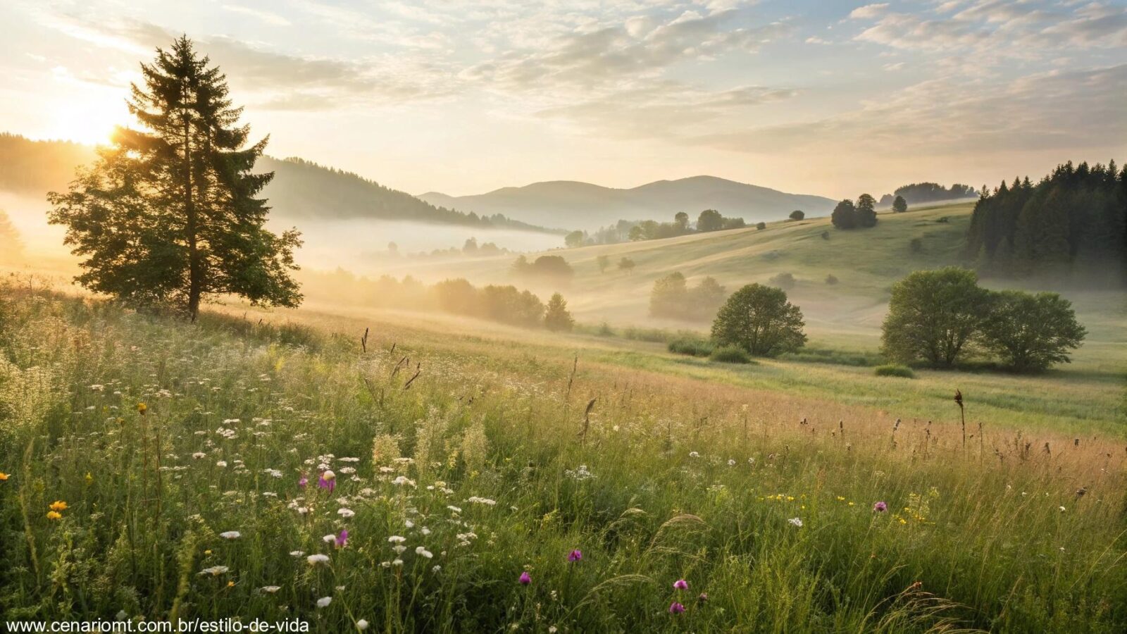 Uma paisagem serena de manhã com luz suave iluminando um campo tranquilo, simbolizando novos começos e esperança.