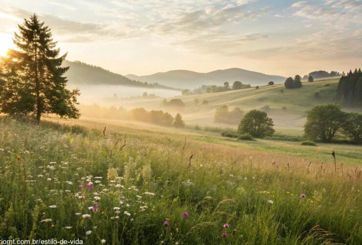 Uma paisagem serena de manhã com luz suave iluminando um campo tranquilo, simbolizando novos começos e esperança.