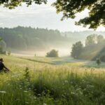 Pessoa meditando em meio à natureza ao amanhecer