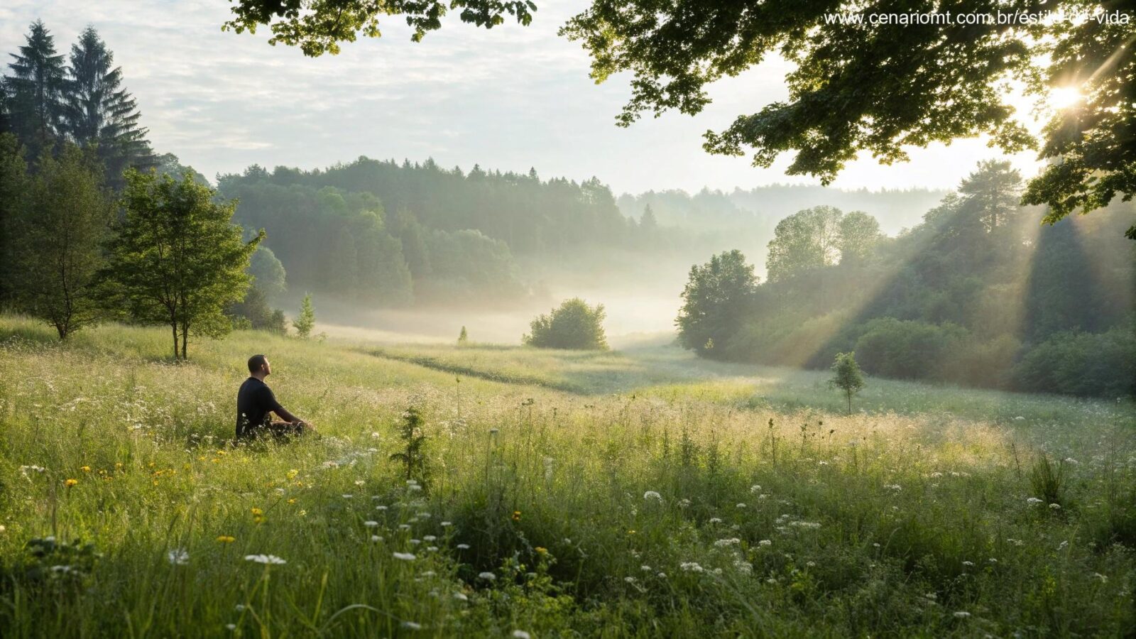 Pessoa meditando em meio à natureza ao amanhecer