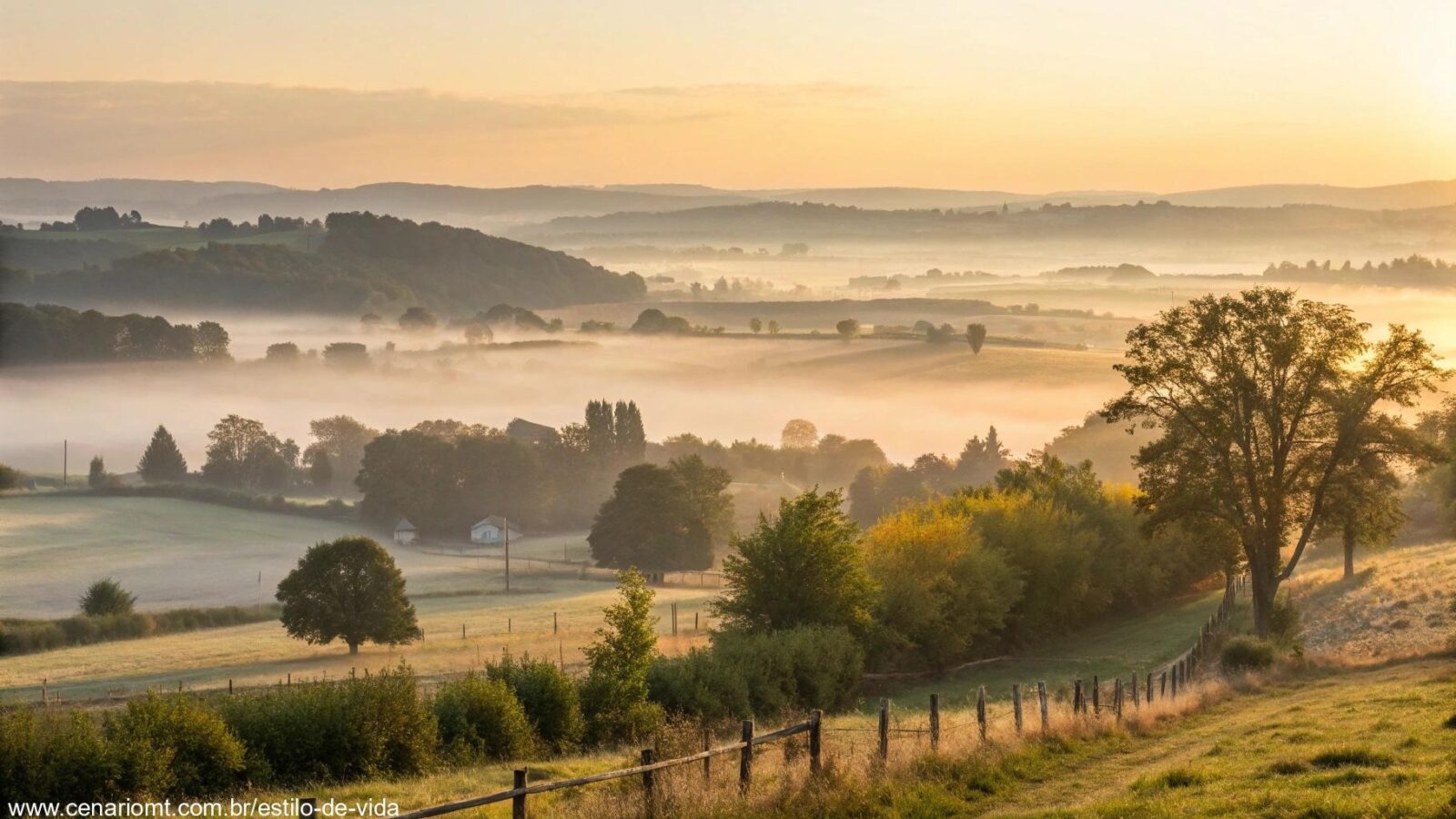 Amanhecer tranquilo em paisagem campestre serena transmitindo paz e esperança
