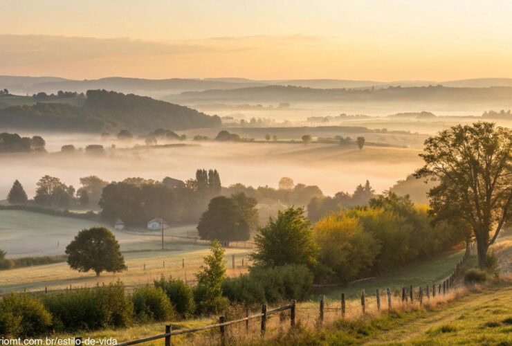 Amanhecer tranquilo em paisagem campestre serena transmitindo paz e esperança