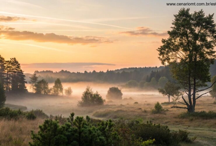 Paisagem serena ao amanhecer com luz suave e natureza tranquila