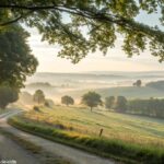 Imagem tranquila e inspiradora de uma manhã serena com luz suave do sol e uma estrada levando ao horizonte.
