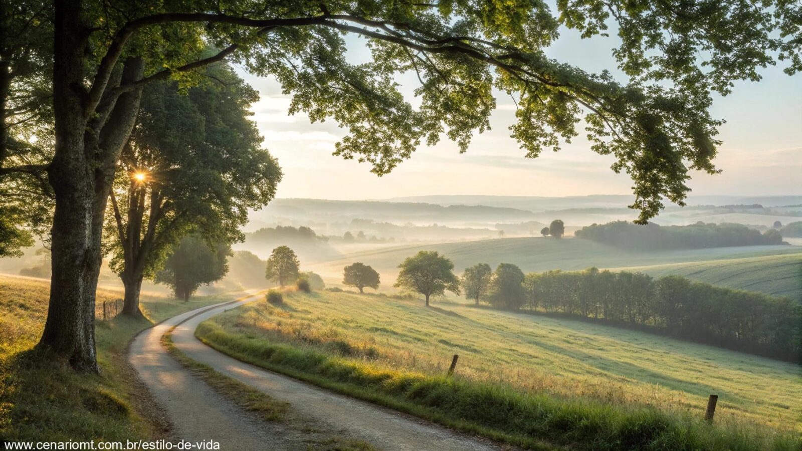 Imagem tranquila e inspiradora de uma manhã serena com luz suave do sol e uma estrada levando ao horizonte.
