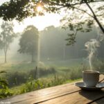 Cena tranquila de manhã com luz suave, xícara de café e natureza ao redor simbolizando fé e bons pensamentos