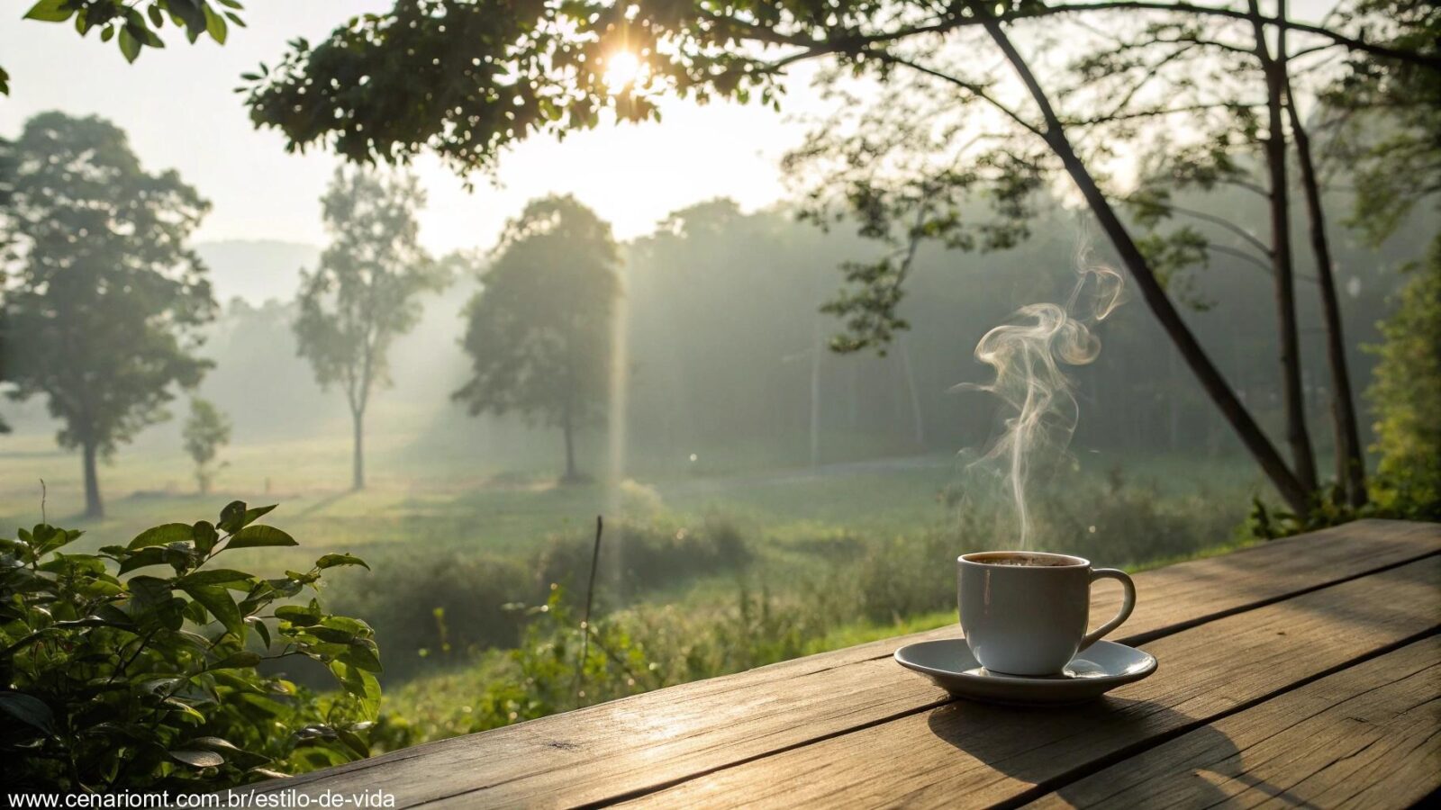 Cena tranquila de manhã com luz suave, xícara de café e natureza ao redor simbolizando fé e bons pensamentos
