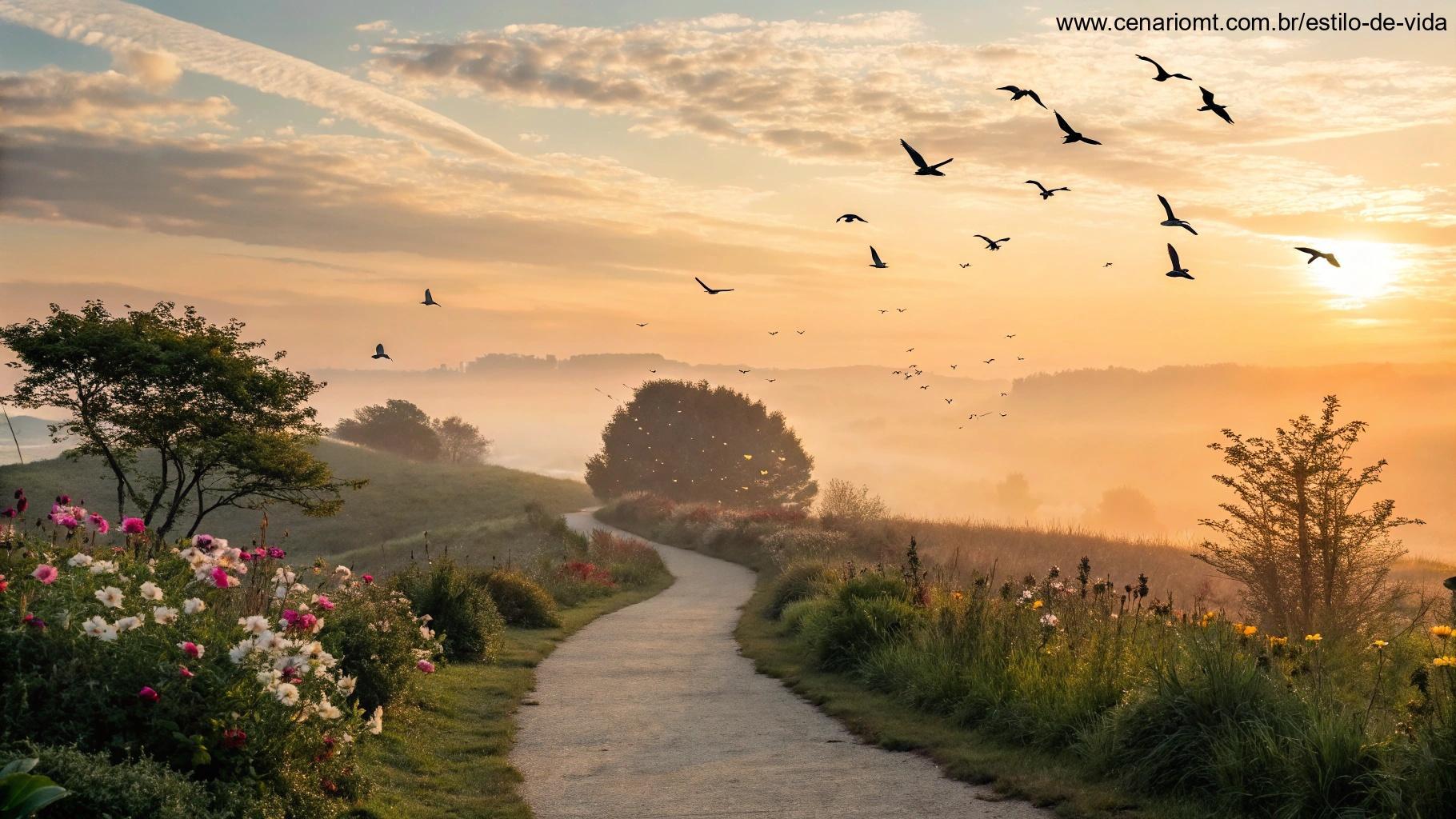 Paisagem ao nascer do sol com caminho à frente, pássaros voando e flores frescas representando uma quarta-feira inspiradora