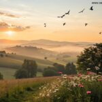 Amanhecer tranquilo no campo com flores e pássaros para inspirar a terça-feira