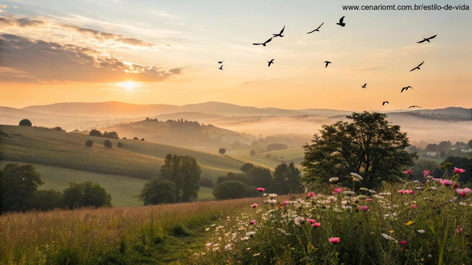 Amanhecer tranquilo no campo com flores e pássaros para inspirar a terça-feira