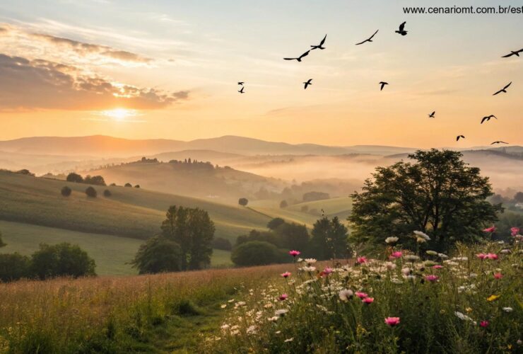 Amanhecer tranquilo no campo com flores e pássaros para inspirar a terça-feira
