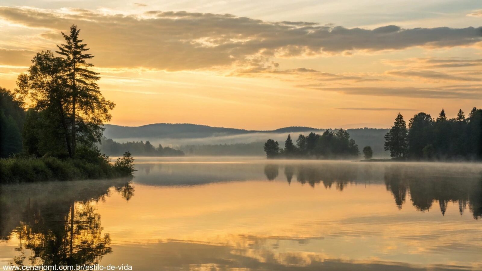 Inspiração para o dia com fé e serenidade, com um nascer do sol tranquilo sobre um lago calmo.