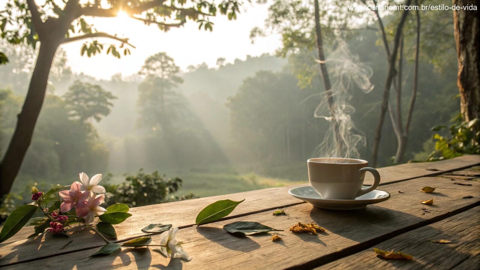 Cena tranquila de domingo com luz suave, café e natureza