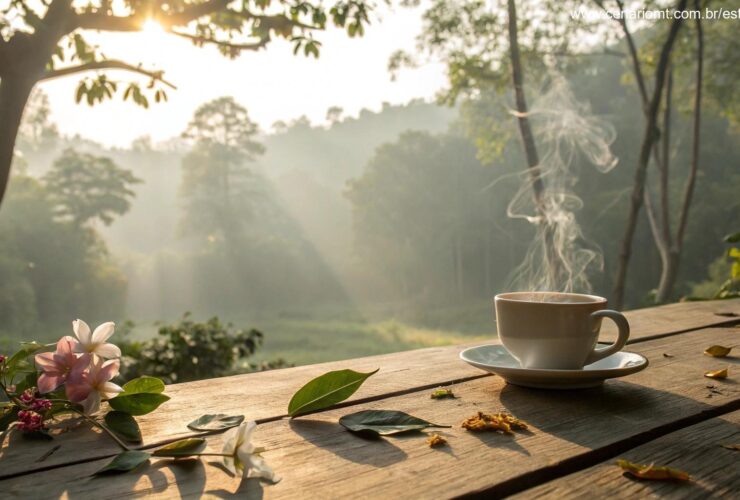 Cena tranquila de domingo com luz suave, café e natureza