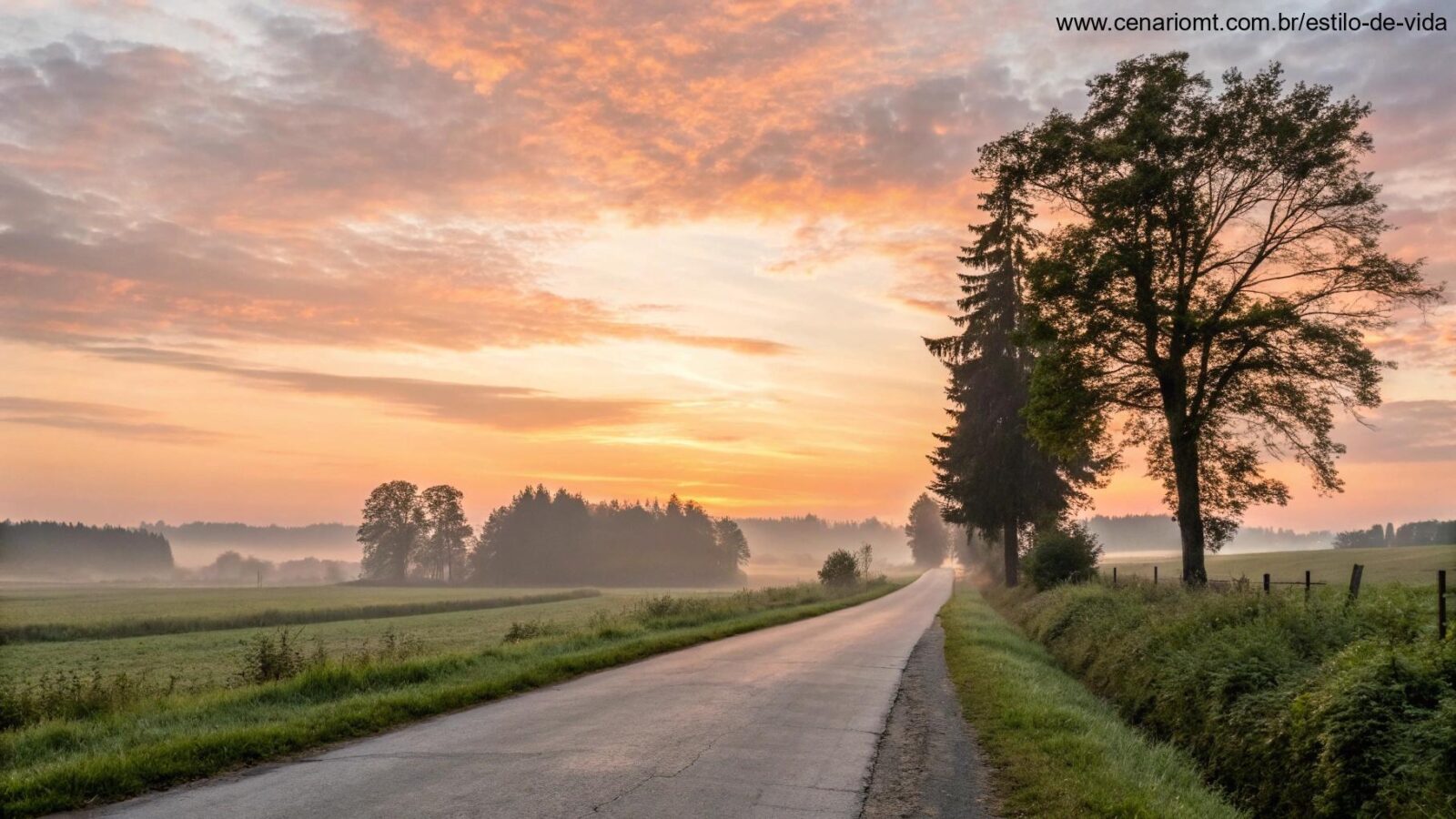Amanhecer tranquilo em uma estrada rural representando fé, força e novos começos
