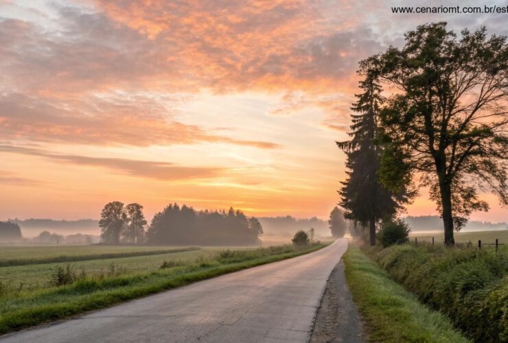 Amanhecer tranquilo em uma estrada rural representando fé, força e novos começos
