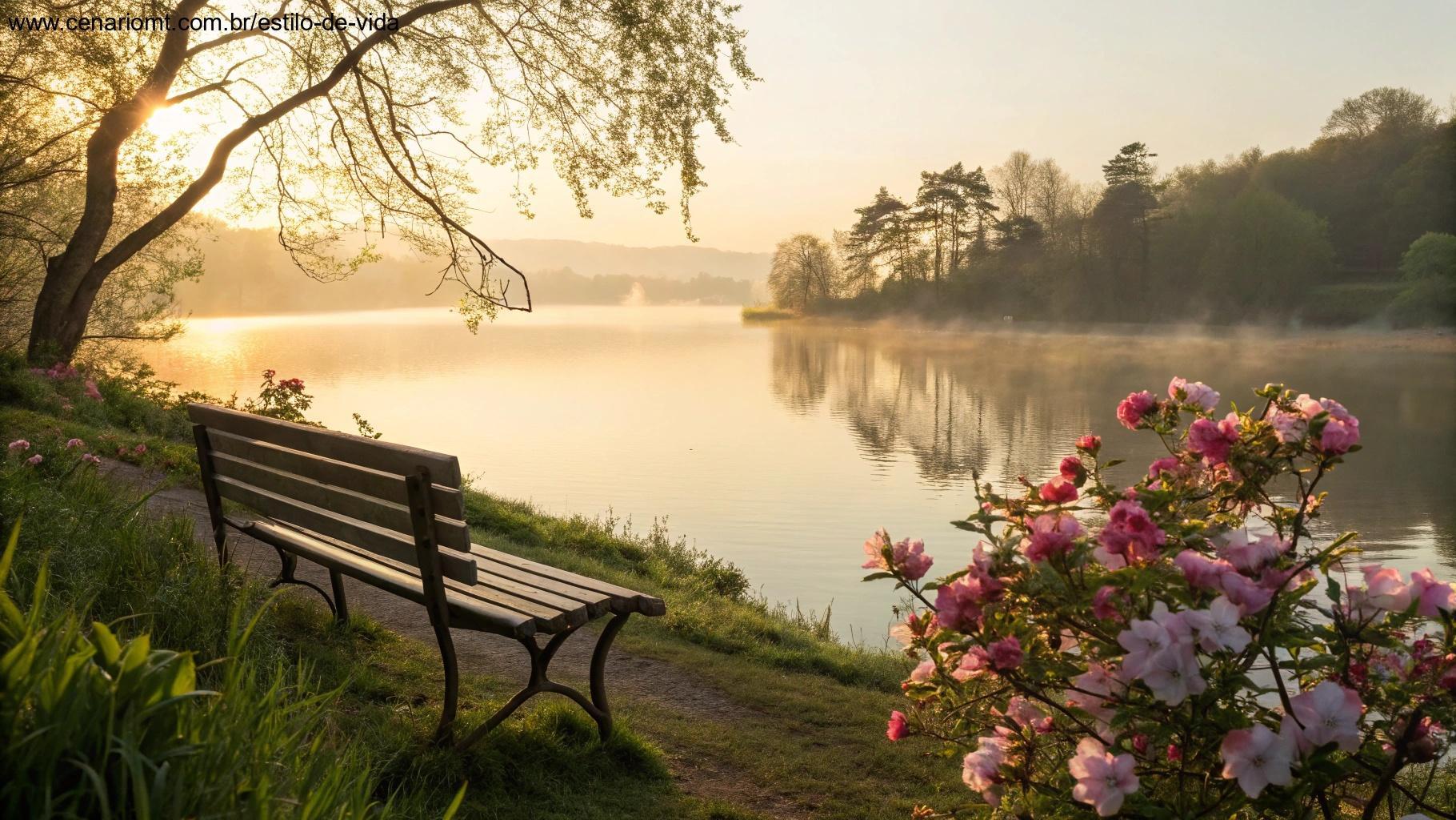 Manhã tranquila à beira de um lago com flores e luz suave