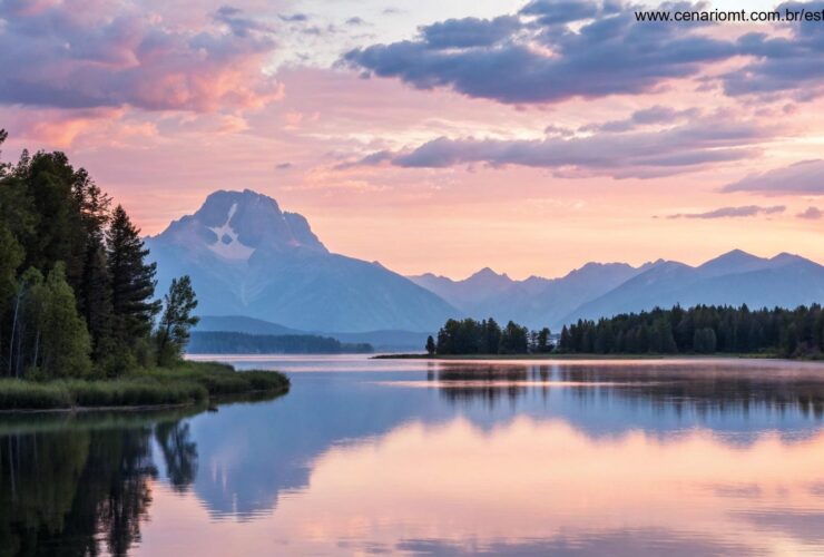 Paisagem serena ao amanhecer com cores suaves, um lago calmo refletindo o céu e montanhas ao fundo, transmitindo paz e inspiração