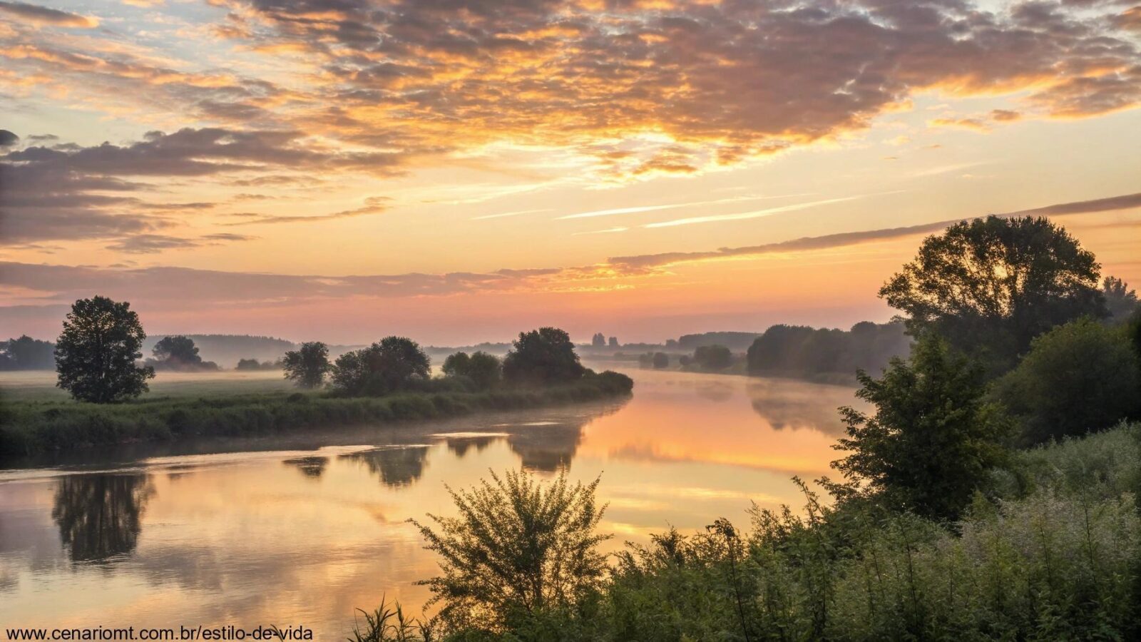 Imagem tranquila de um nascer do sol sobre uma paisagem serena, com cores douradas e rosadas no céu, refletidas em um rio calmo.