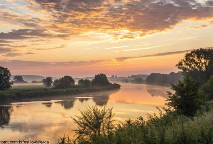 Imagem tranquila de um nascer do sol sobre uma paisagem serena, com cores douradas e rosadas no céu, refletidas em um rio calmo.