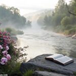 Cenário pacífico de manhã com um amanhecer brilhante sobre uma paisagem calma, simbolizando otimismo e um novo começo.