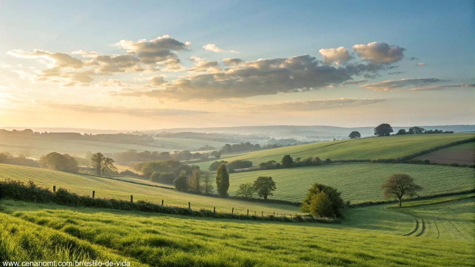 Paisagem tranquila de manhã com campos verdes e céu claro, transmitindo sensação de esperança.
