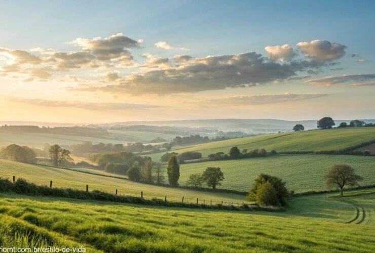 Paisagem tranquila de manhã com campos verdes e céu claro, transmitindo sensação de esperança.
