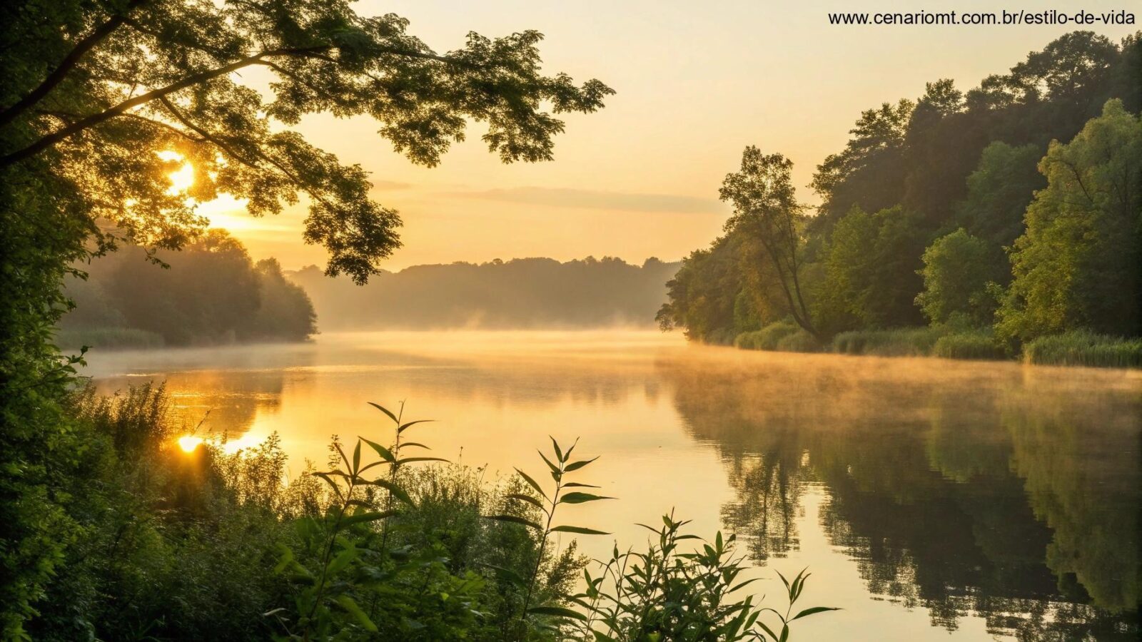 Nascer do sol sereno sobre um lago calmo com luz dourada refletindo na água, cercado por árvores verdes e uma atmosfera tranquila