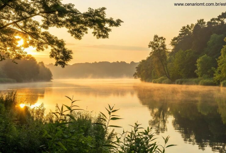 Nascer do sol sereno sobre um lago calmo com luz dourada refletindo na água, cercado por árvores verdes e uma atmosfera tranquila