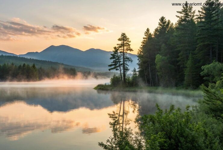 Nascer do sol sereno sobre um lago calmo com névoa subindo, cercado por árvores verdes e montanhas distantes