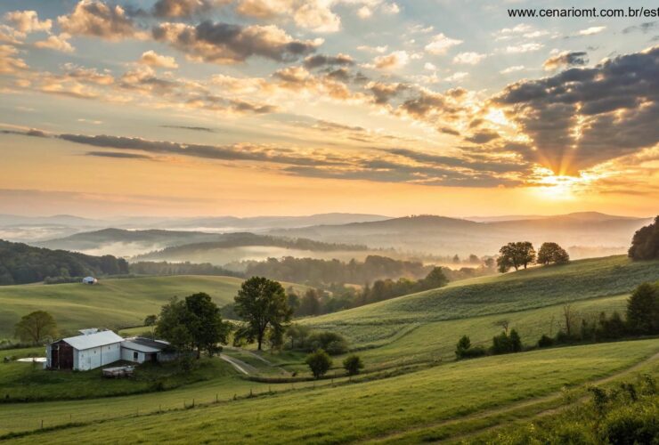 Uma imagem tranquila de um amanhecer iluminado com nuvens suaves, representando o começo de uma nova semana.
