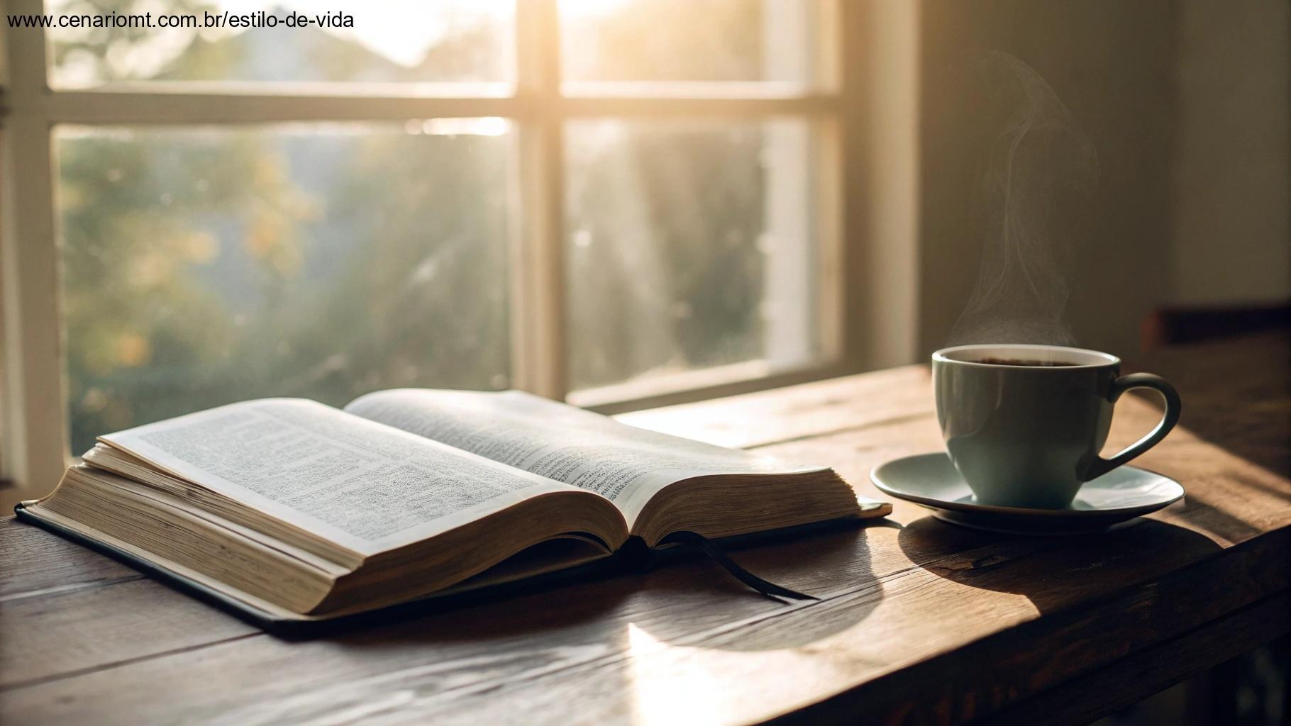 Bíblia aberta em uma mesa com café e luz suave pela janela