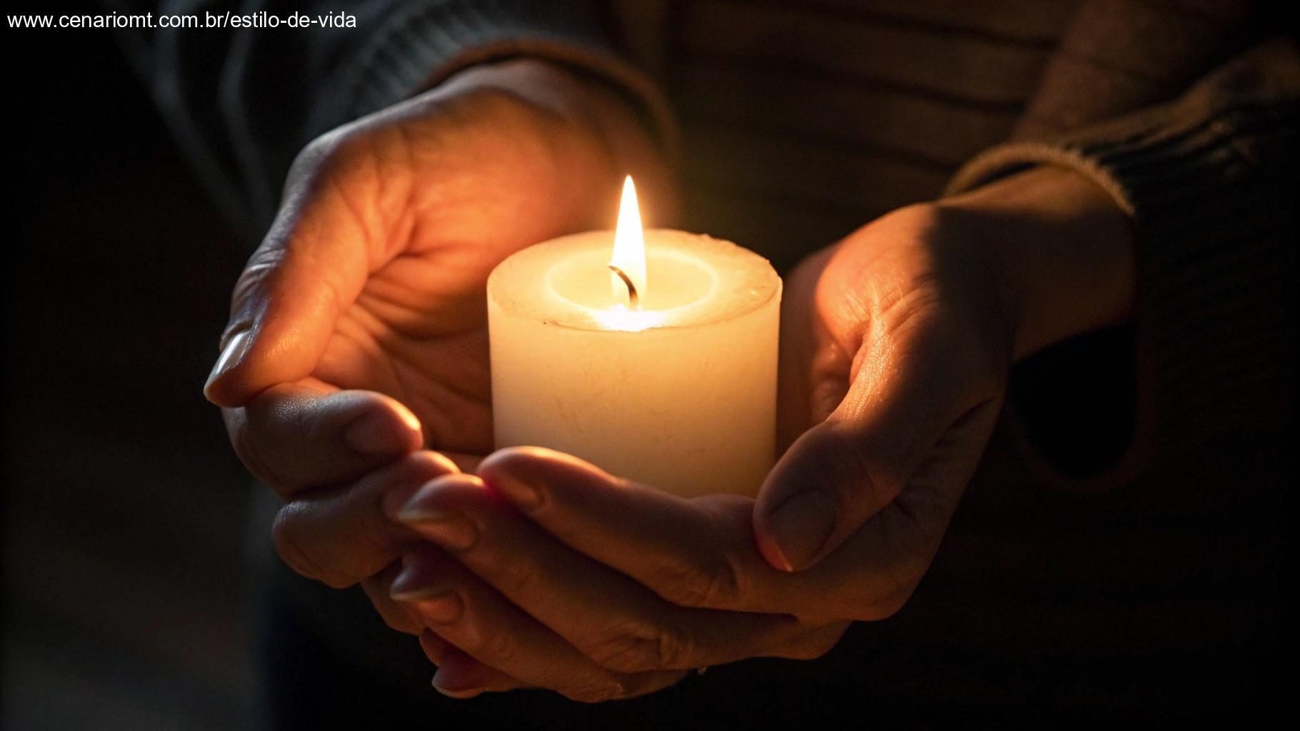Mãos segurando delicadamente uma vela acesa no escuro, com chama representando esperança e direção divina