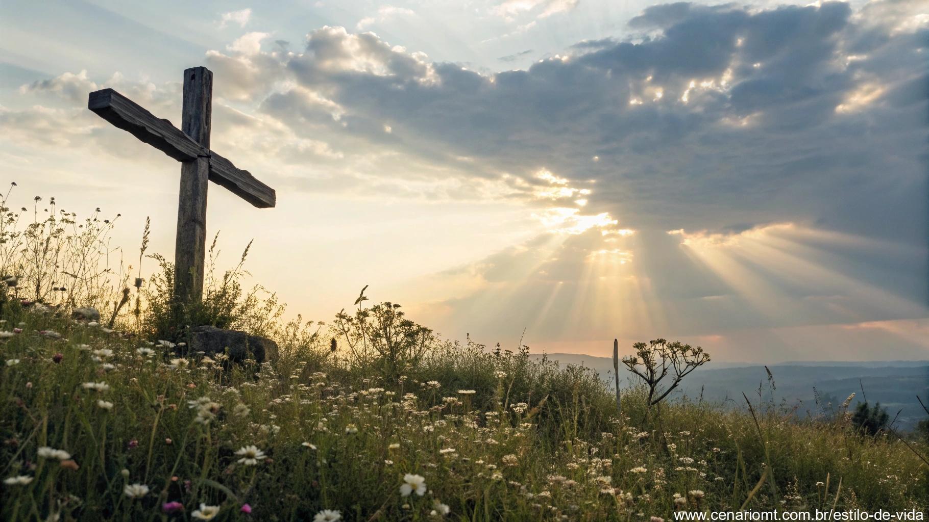 Cruz de madeira rústica em um campo de flores silvestres ao pôr do sol, com raios suaves de luz brilhando através das nuvens