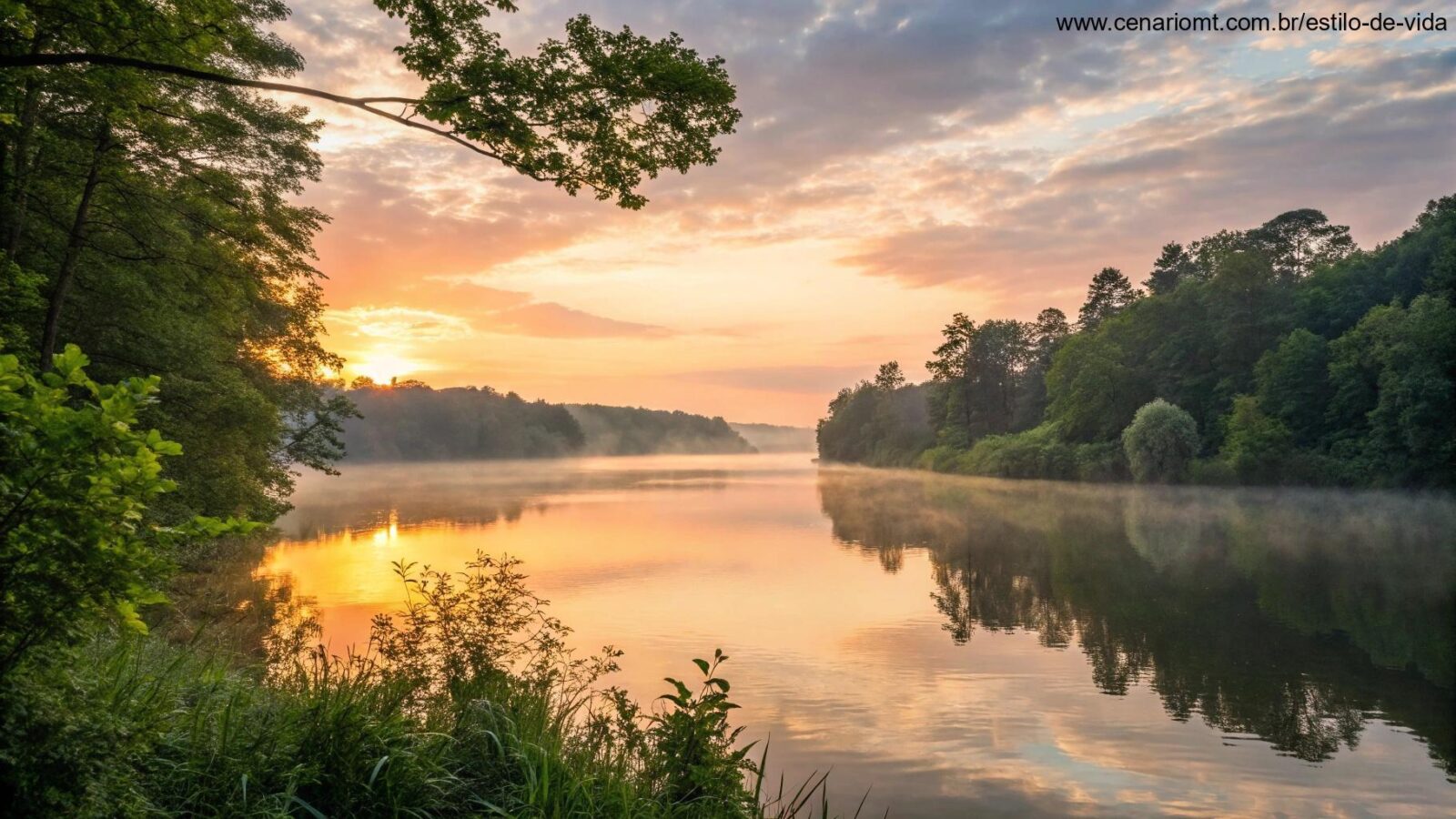 Nascer do sol sereno sobre um lago calmo com luz dourada refletindo na água, cercado por árvores verdes e uma atmosfera tranquila