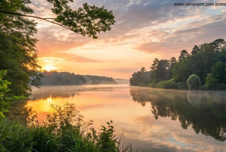 Nascer do sol sereno sobre um lago calmo com luz dourada refletindo na água, cercado por árvores verdes e uma atmosfera tranquila