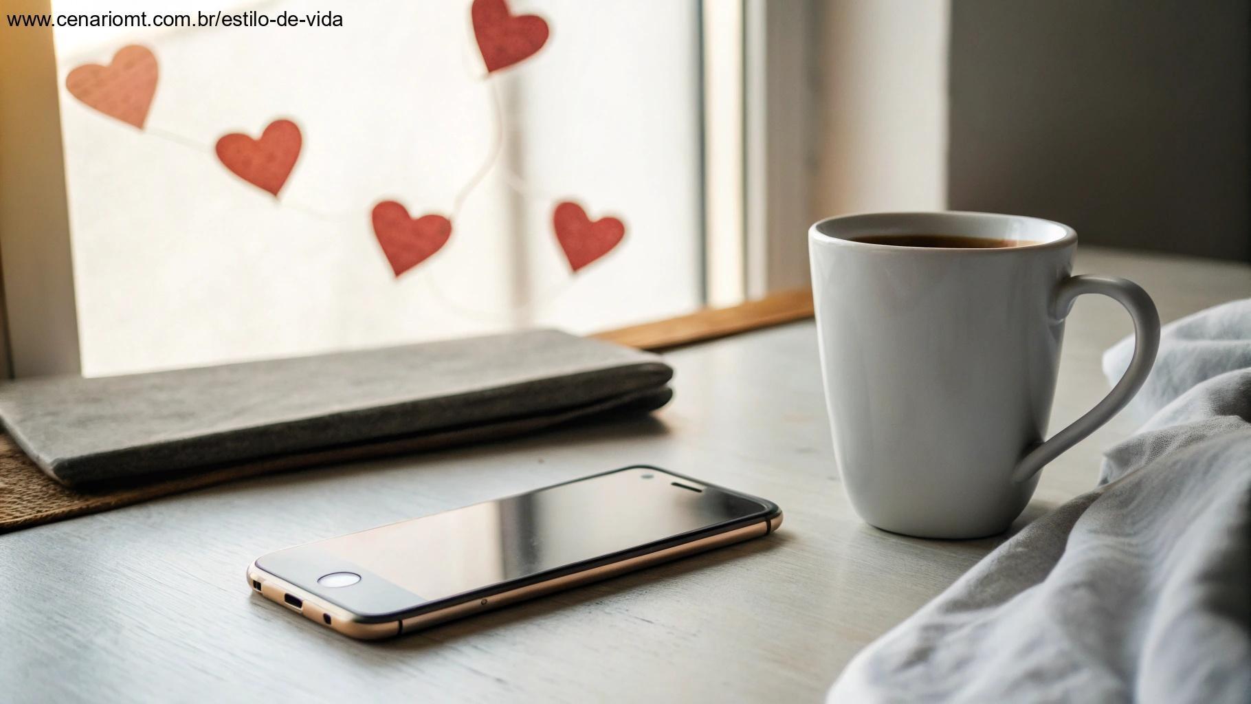 Cenário matinal com celular e xícara de café em clima acolhedor para mensagem de carinho no WhatsApp