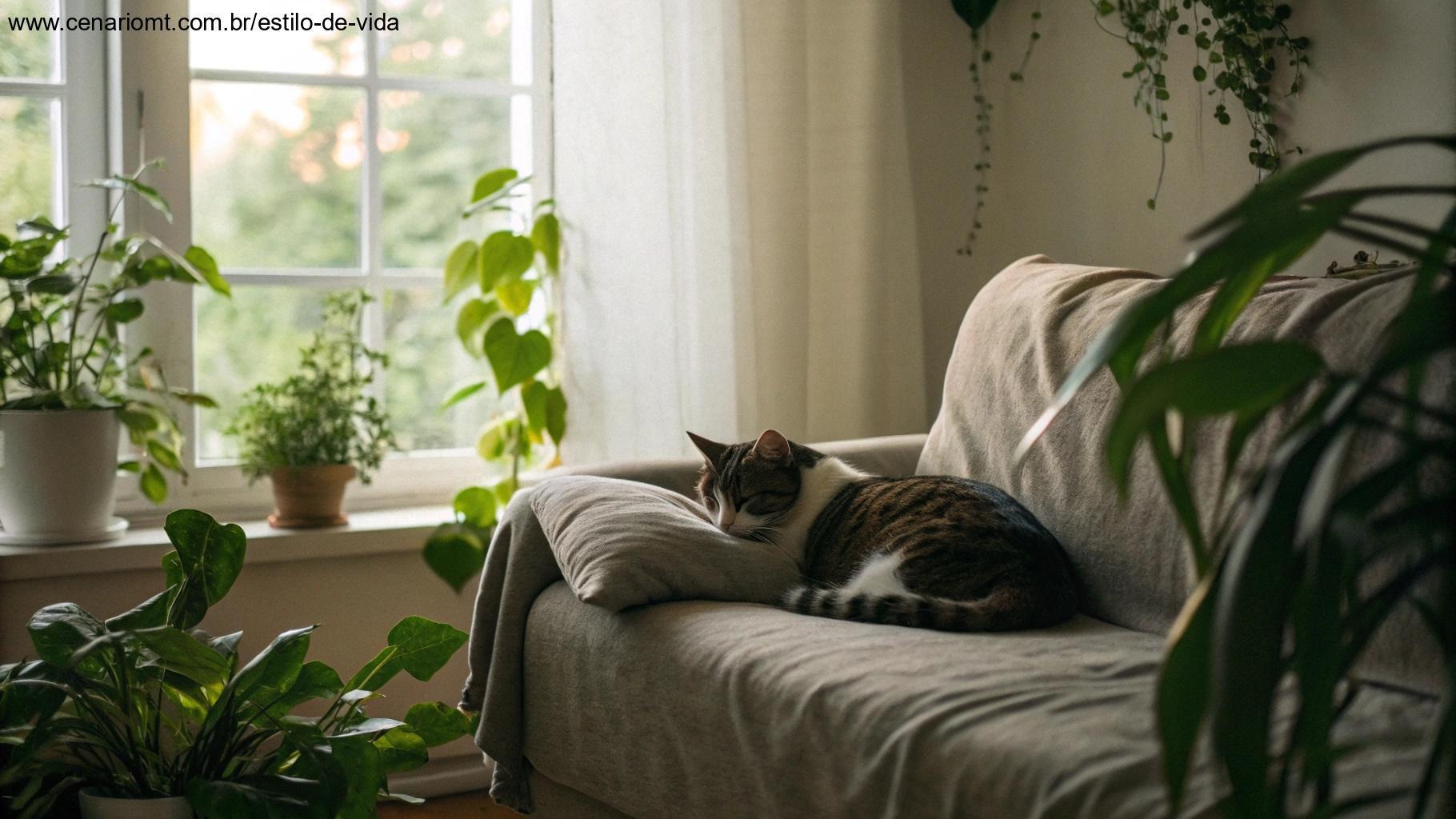 Ambiente calmo em casa com gato dormindo e plantas, trazendo paz ao coração