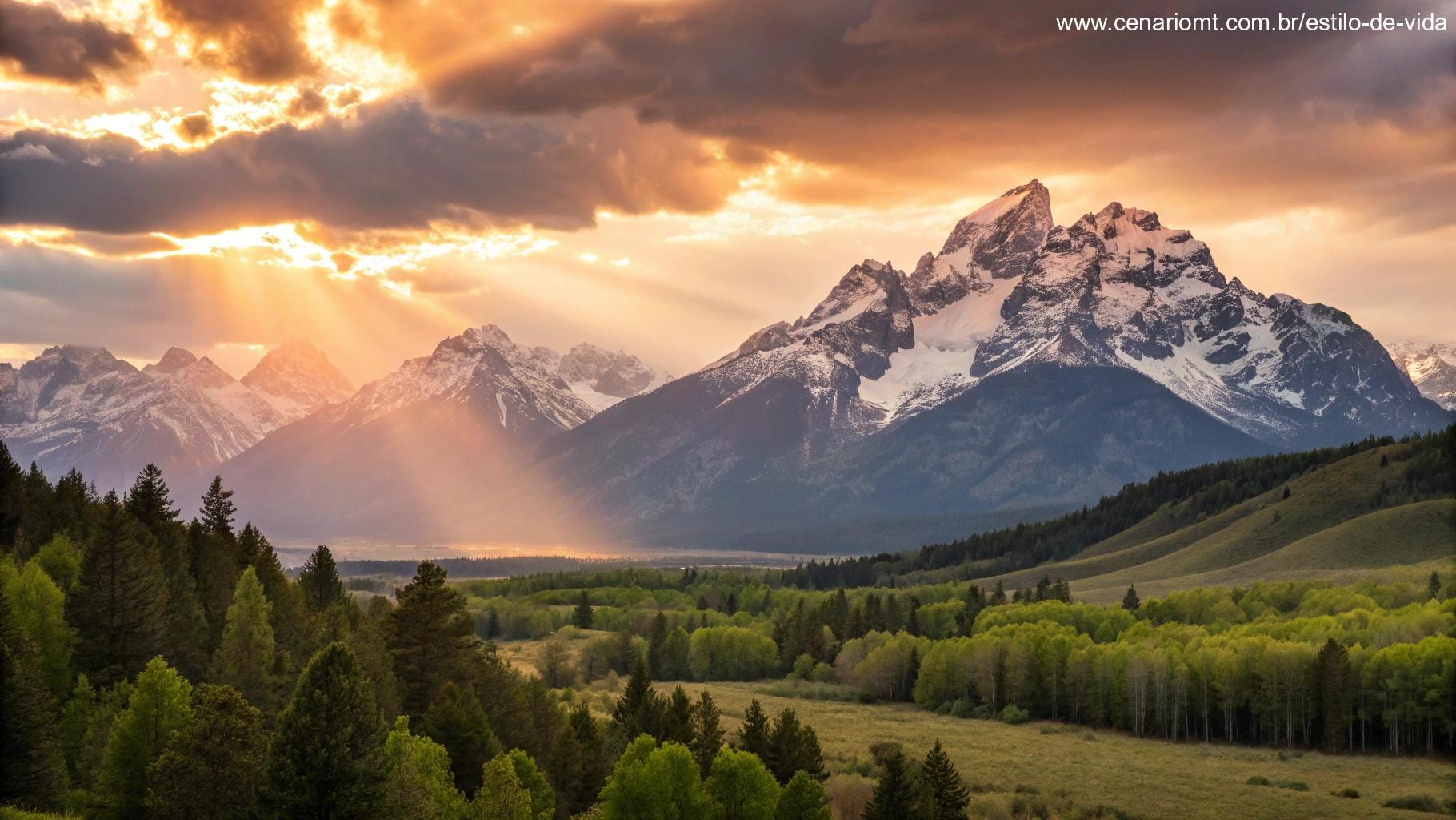 Paisagem montanhosa majestosa na hora dourada com raios de sol atravessando as nuvens