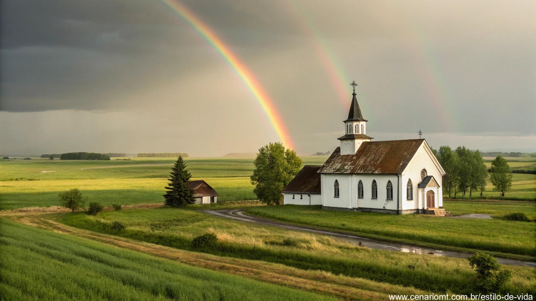 Igreja tranquila em um campo com um arco-íris ao fundo