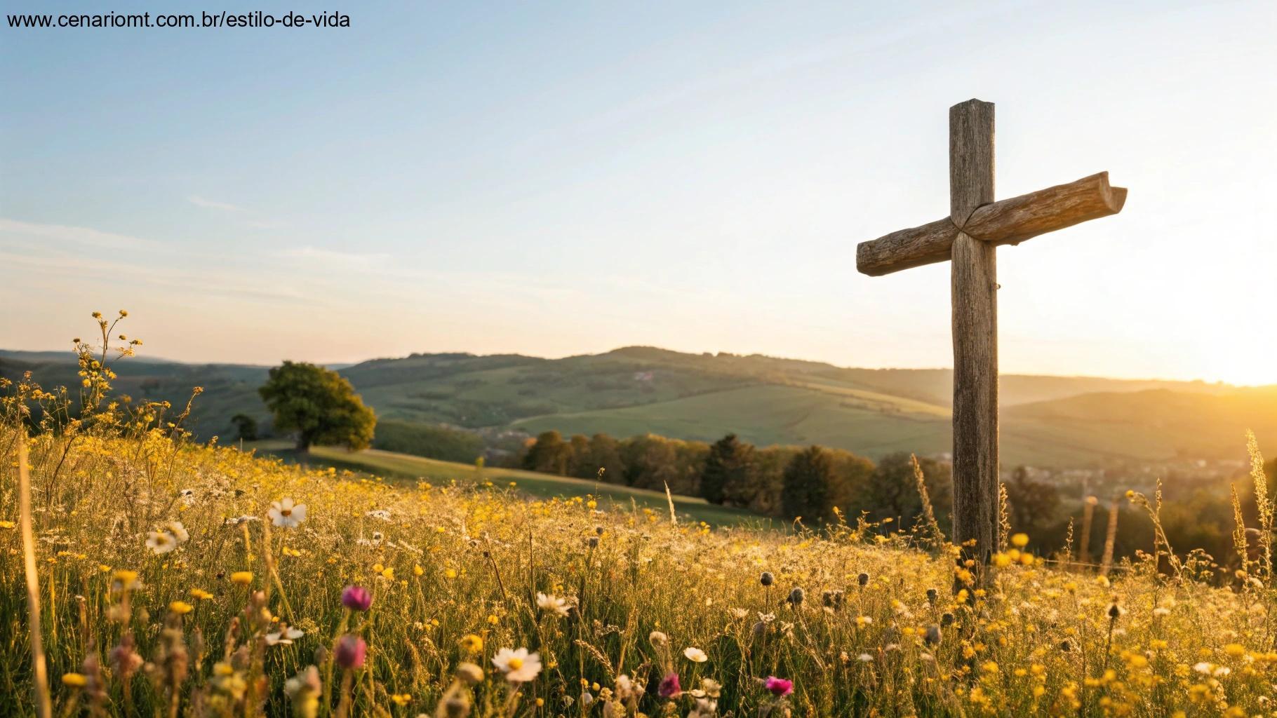 Cruz de madeira rústica iluminada pela luz dourada do sol com um campo de flores silvestres em primeiro plano