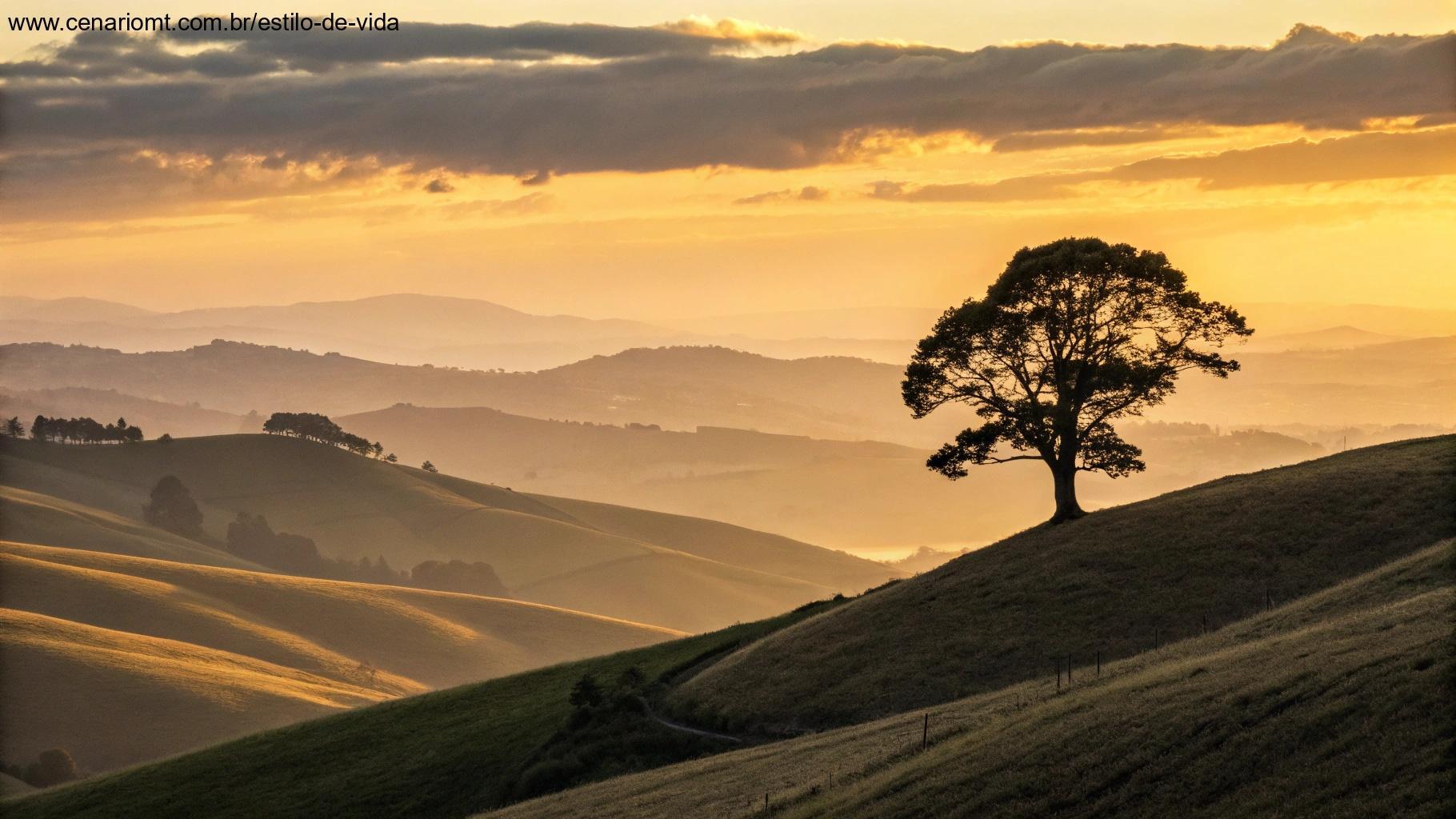 Pôr do sol dourado sobre colinas onduladas com silhueta de uma única árvore, criando atmosfera pacífica e abençoada