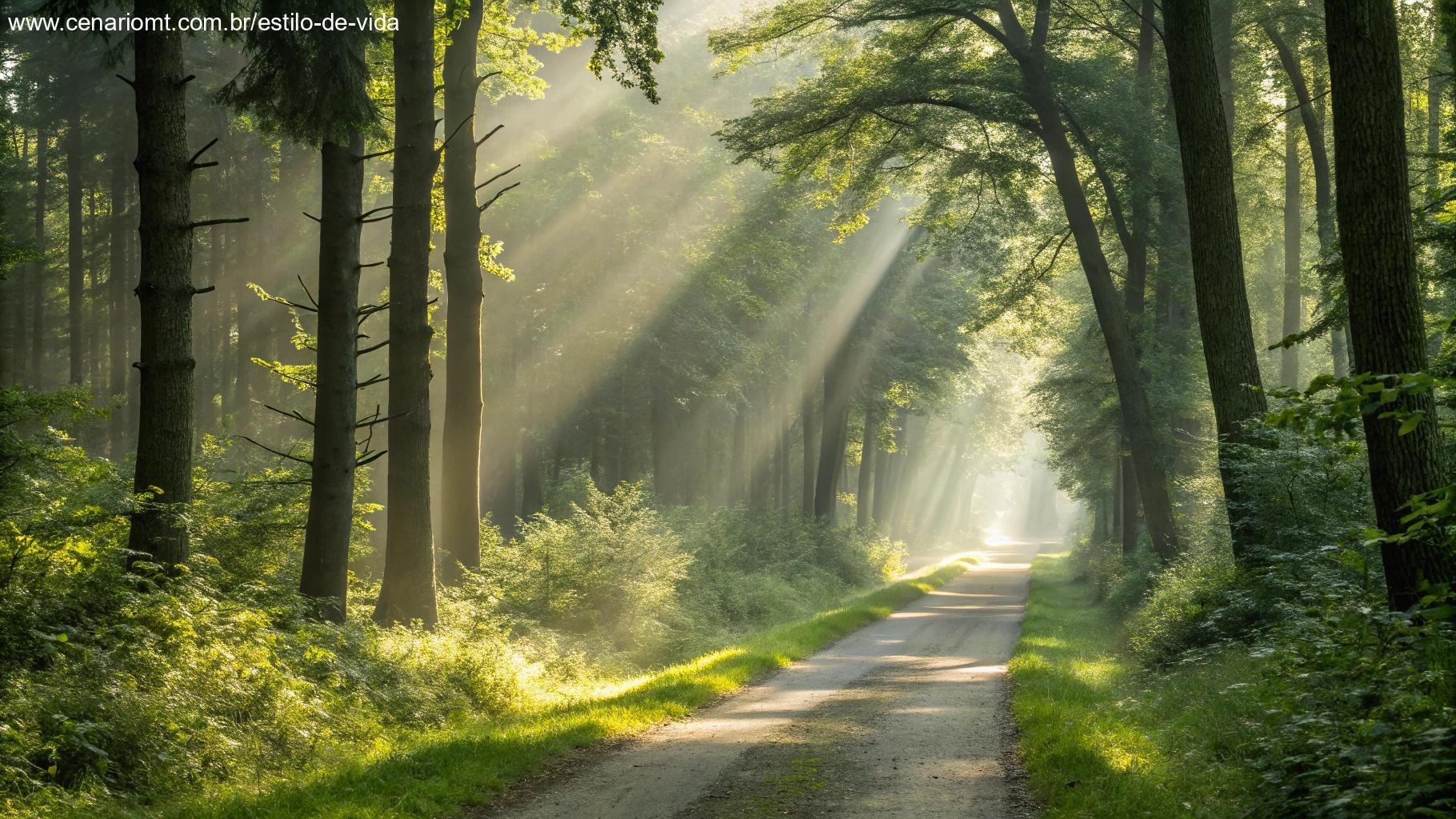 Caminho em uma floresta iluminada pelo sol com raios de luz passando pelas árvores